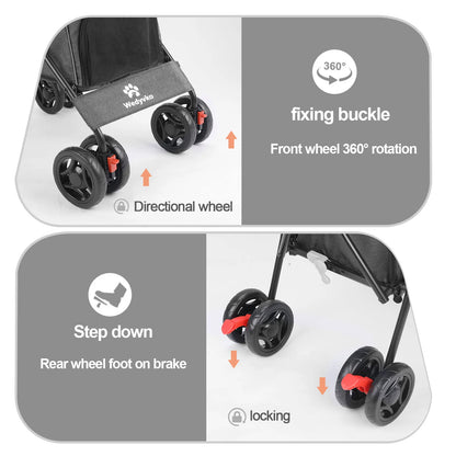 Pet stroller for dogs and cats features 360° rotation front wheels and locking rear brake for safety and convenience.