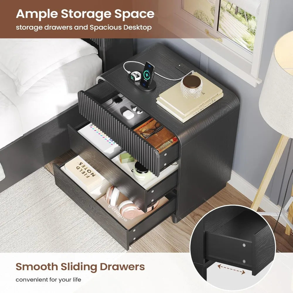 Fluted Nightstand with Charging Station