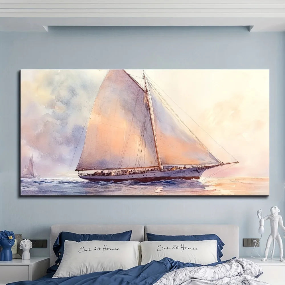 Gold Frame Mural, White Sailboat Seascape