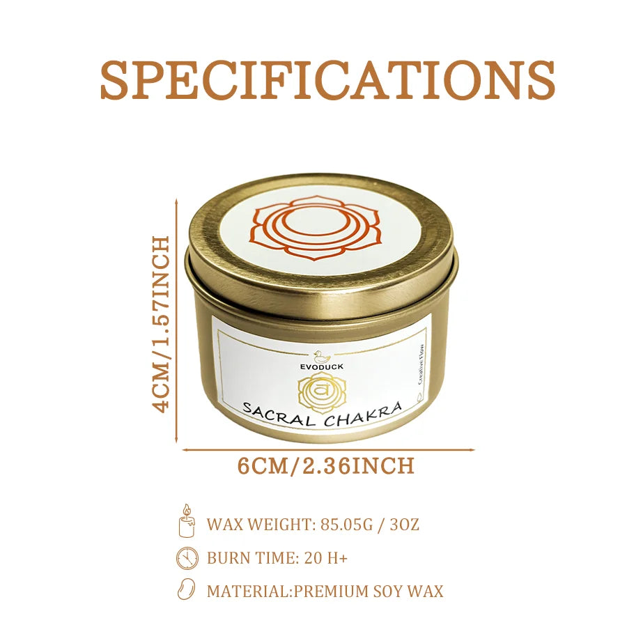 Sacral Chakra Sweet Orange Candle specifications showing size, wax weight, burn time, and material.