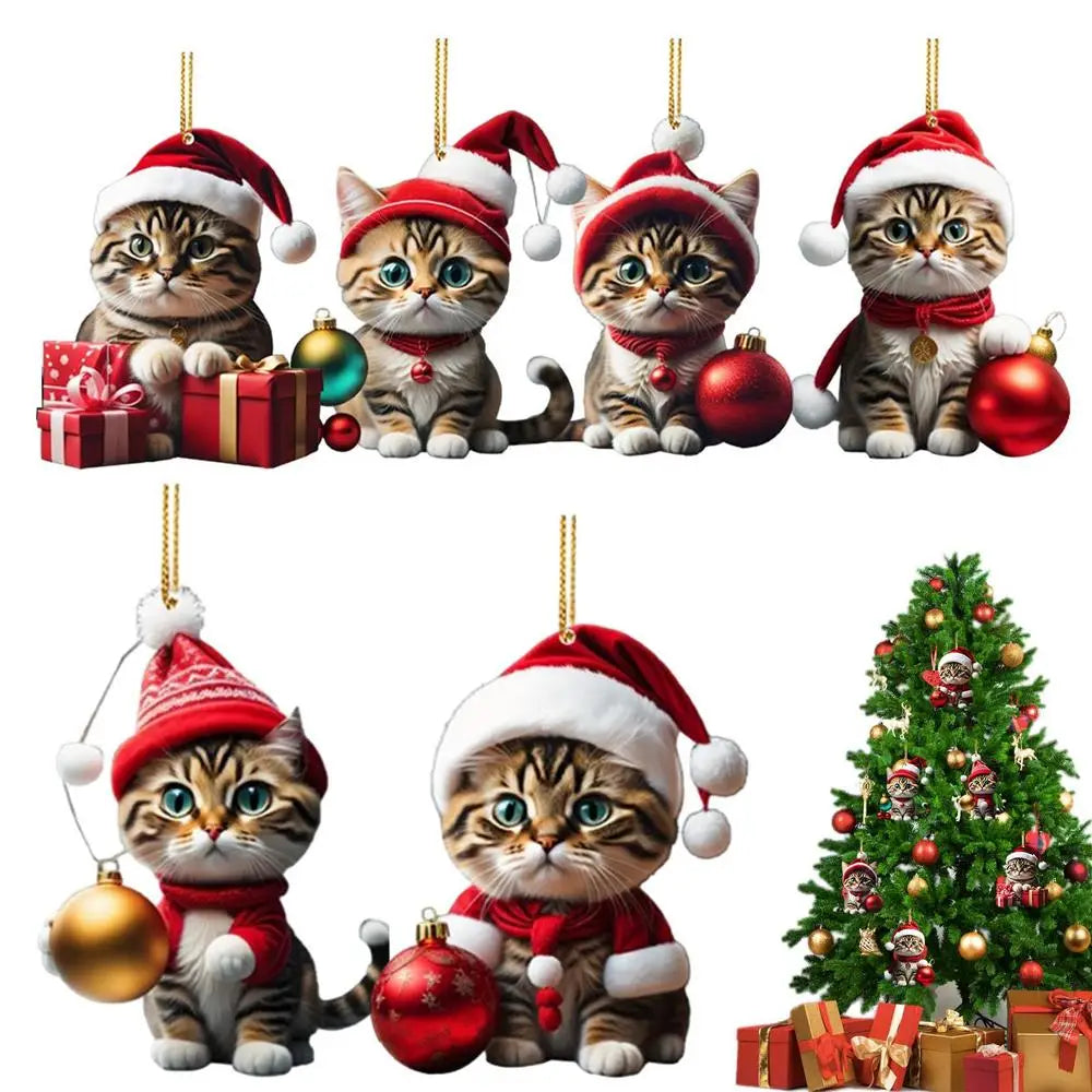 2D Funny Cat Hanging Christmas Tree Ornament Animal Pendant Rearview Mirror Ornaments Car Gifts