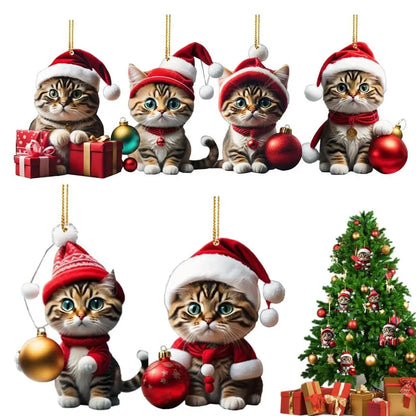 2D Funny Cat Hanging Christmas Tree Ornament Animal Pendant Rearview Mirror Ornaments Car Gifts