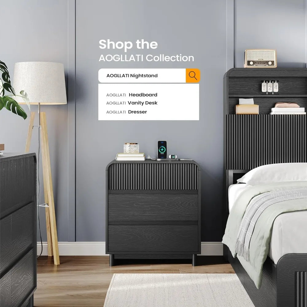 Fluted Nightstand with Charging Station