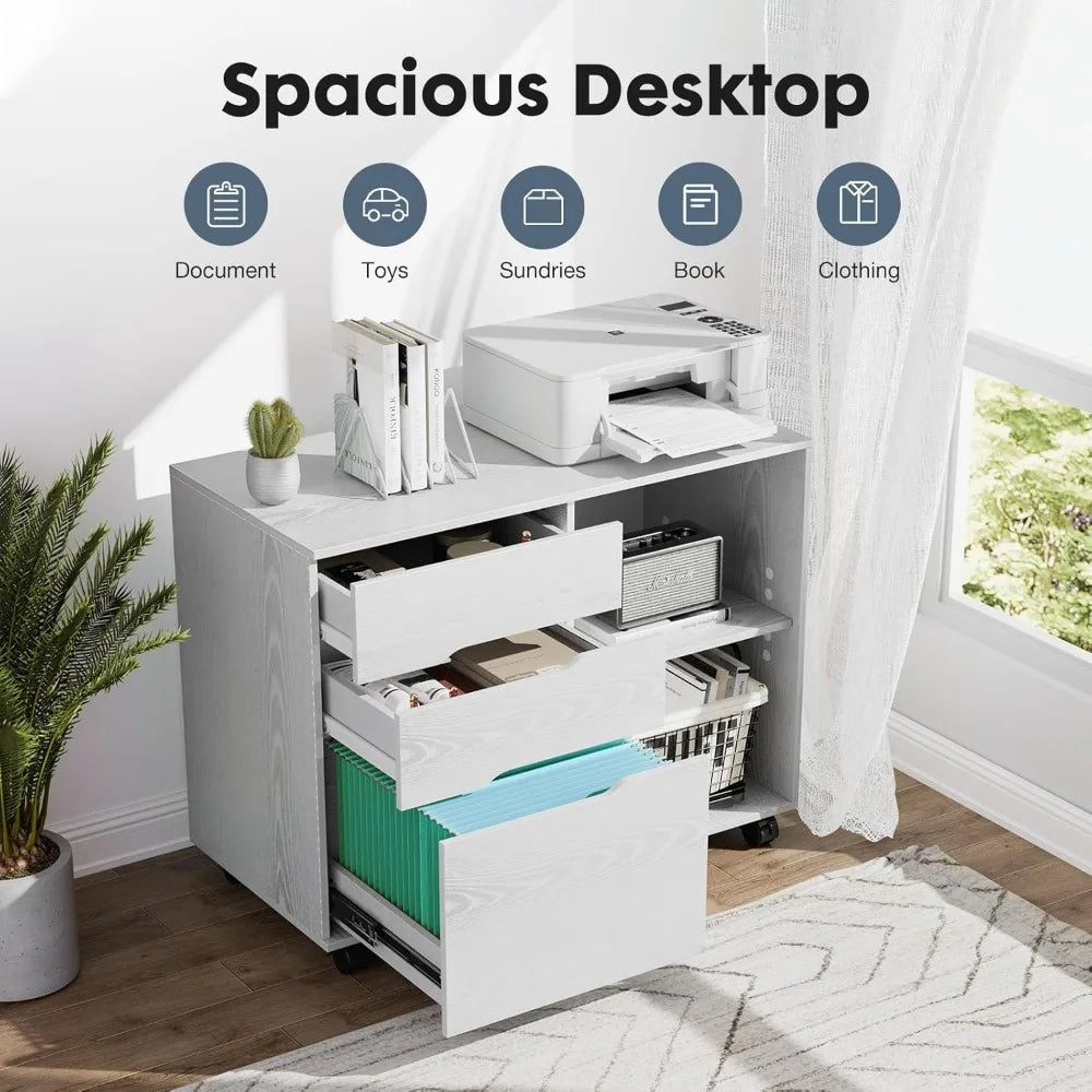 3-Drawer Rolling File Cabinet with Adjustable Shelf, Under Desk Storage and Wheels for Office Home Small Space, White