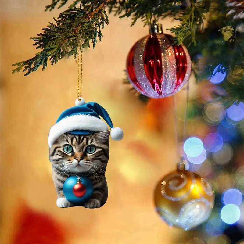 2D Funny Cat Hanging Christmas Tree Ornament Animal Pendant Rearview Mirror Ornaments Car Gifts