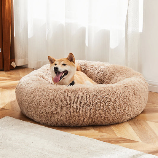Calming dog bed medium large featuring a happy dog lounging in a cozy, plush, round bed in a sunny room.
