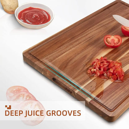 Acacia Wooden Cutting Board For Kitchen Thick Chopping Board With Side Handles & Water Grooves, Butcher Block Cutting Board