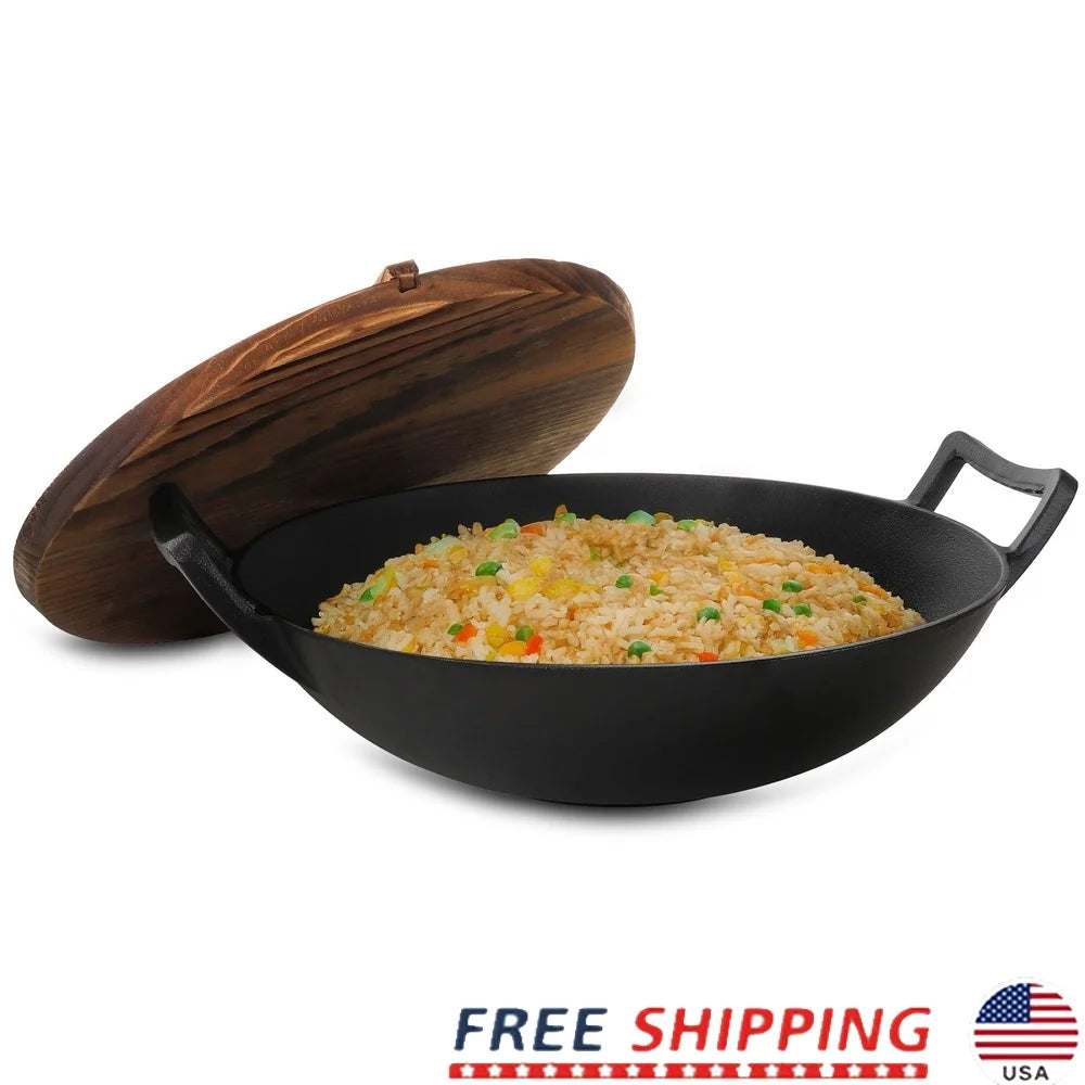 Heavy Duty Cast Iron Wok  Wooden Lid