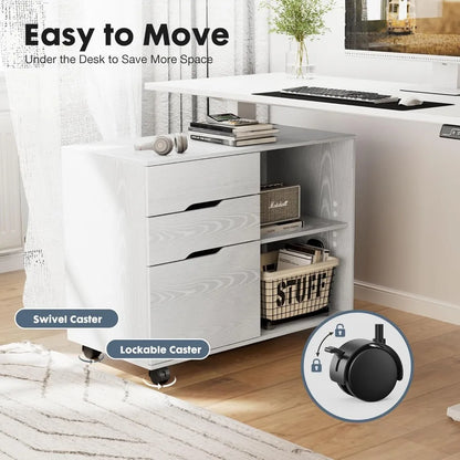 3-Drawer Rolling File Cabinet with Adjustable Shelf, Under Desk Storage and Wheels for Office Home Small Space, White