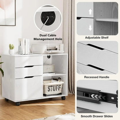 3-Drawer Rolling File Cabinet with Adjustable Shelf, Under Desk Storage and Wheels for Office Home Small Space, White