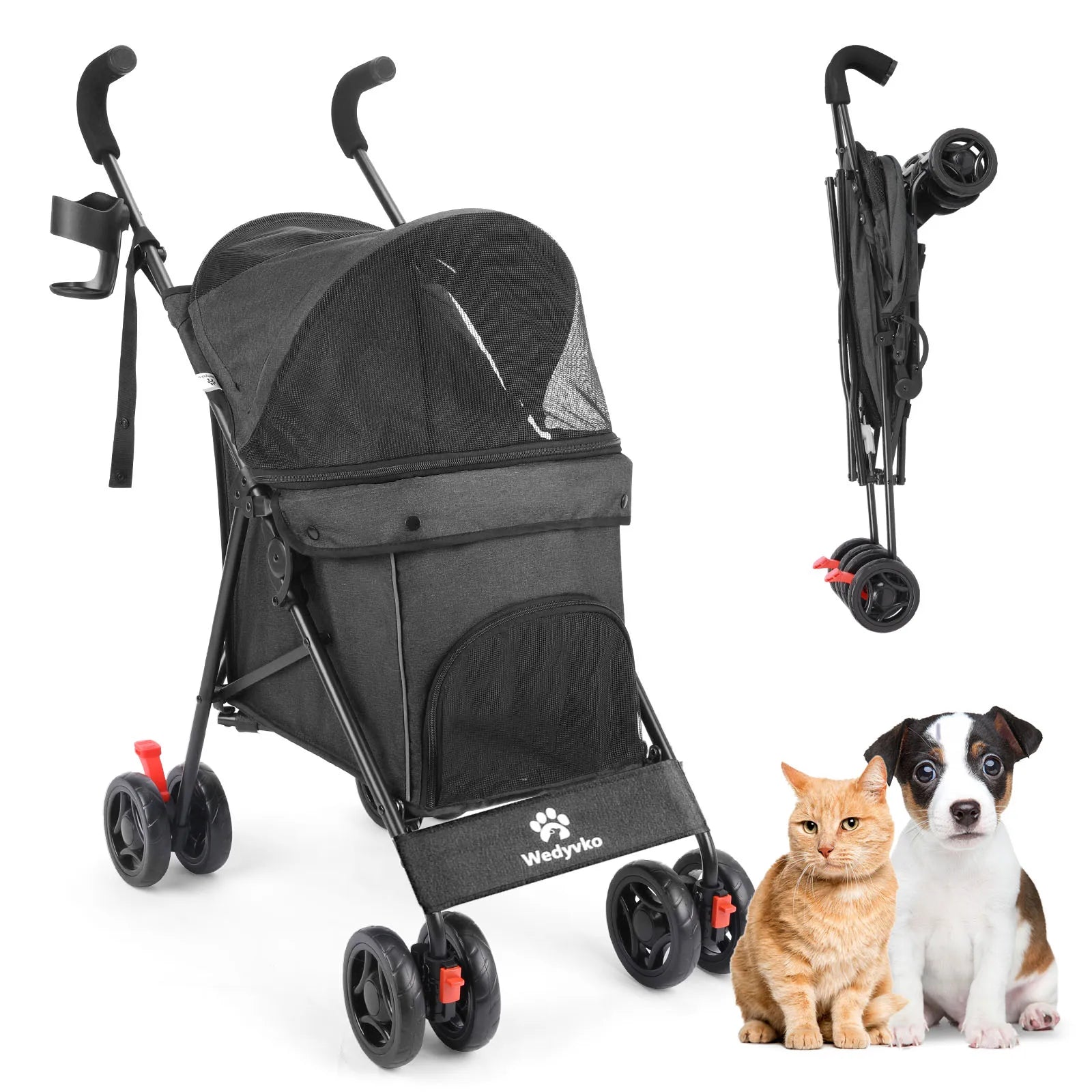 Pet stroller for dogs and cats in black with smooth rolling wheels and pets in front.