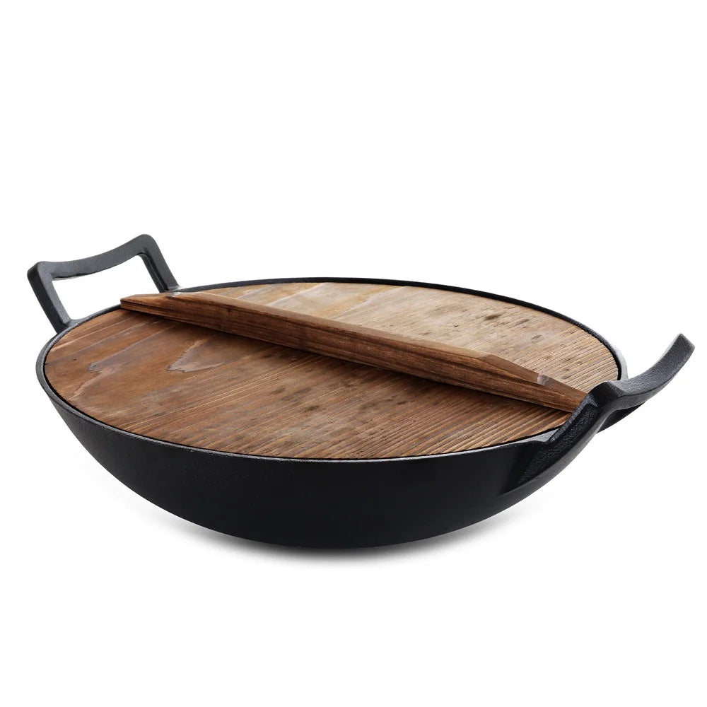 Heavy Duty Cast Iron Wok  Wooden Lid