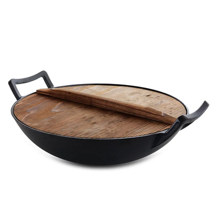 Heavy Duty Cast Iron Wok  Wooden Lid