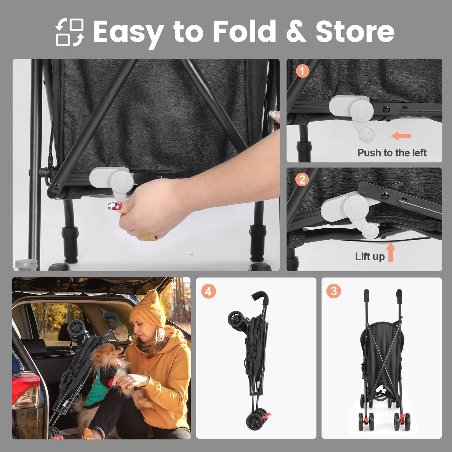 Easy to fold and store pet stroller for dogs and cats with step-by-step folding instructions.