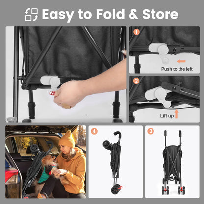 Easy to fold and store pet stroller for dogs and cats with step-by-step folding instructions.
