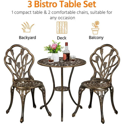 Patio Bistro Sets 3 Piece, Outdoor Rust-Resistant Cast Aluminum Garden Table and Chairs