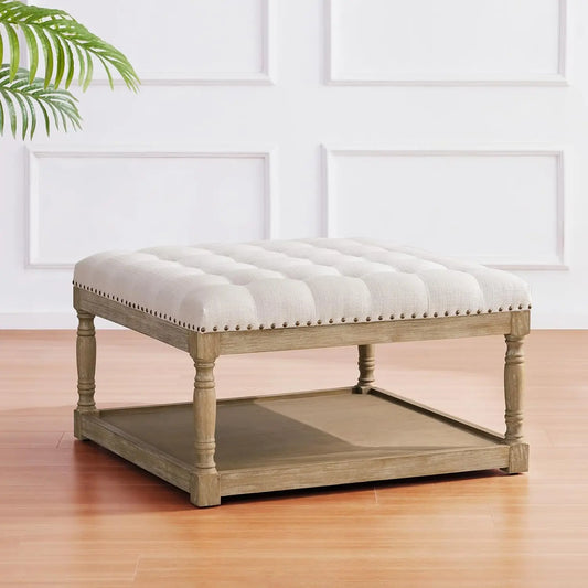 Tufted Upholstered Linen Ottoman with Storage Shelf