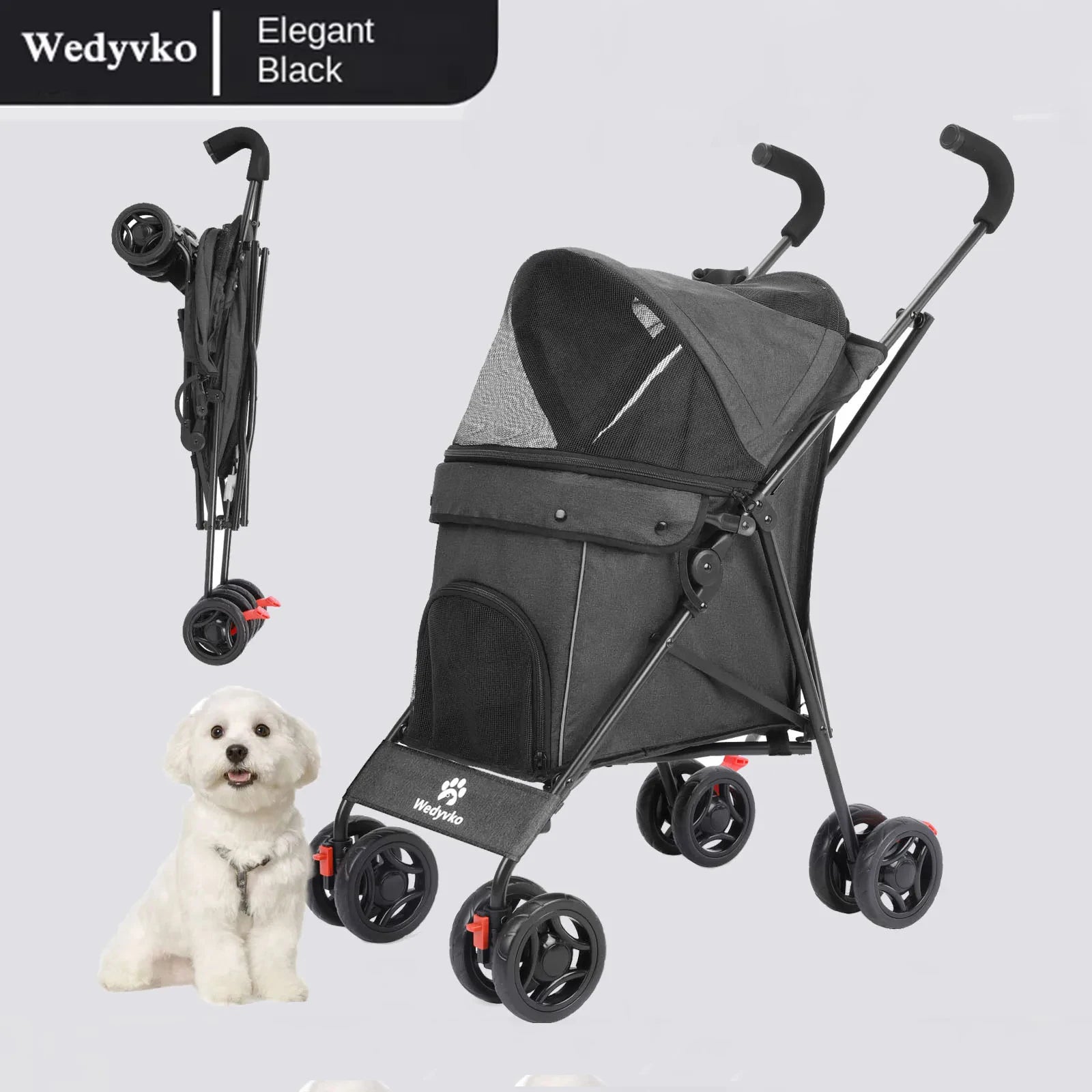 Pet stroller for dogs and cats in elegant black with a small dog beside it, showcasing comfort and style.