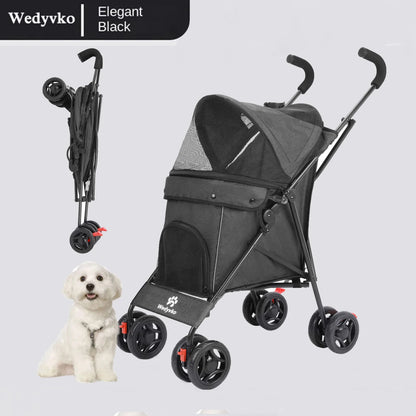 Pet stroller for dogs and cats in elegant black with a small dog beside it, showcasing comfort and style.