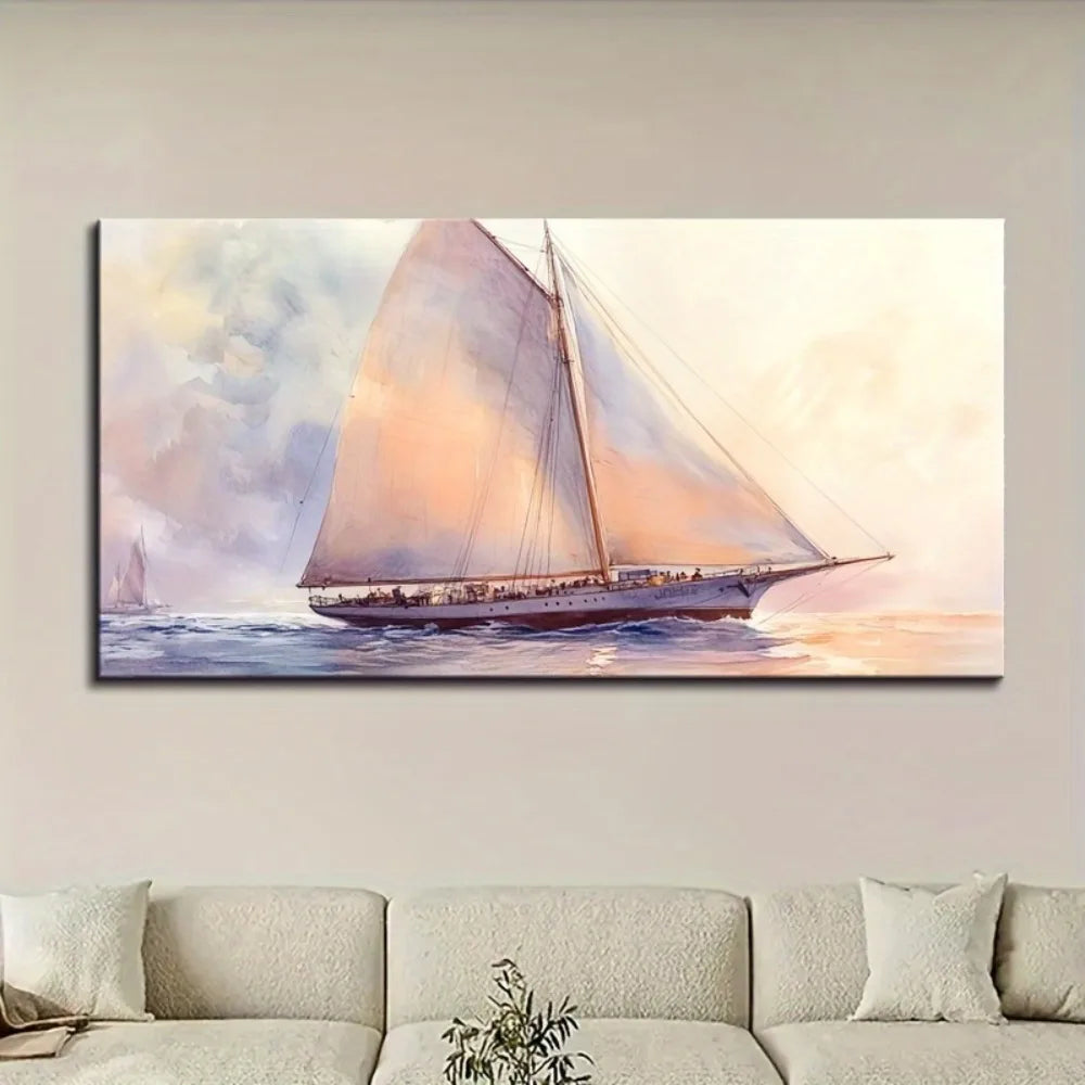 Gold Frame Mural, White Sailboat Seascape