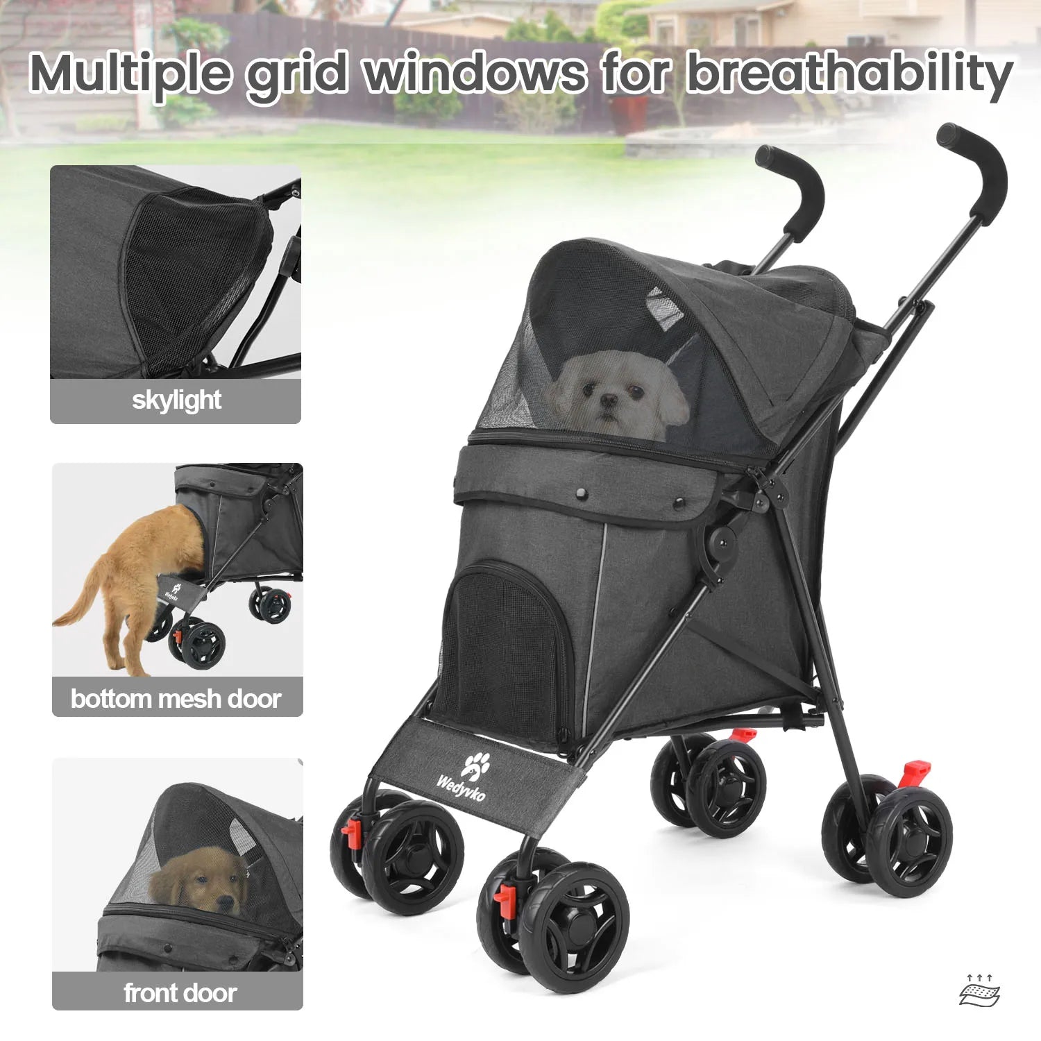 Pet stroller for dogs and cats with multiple grid windows for breathability and comfort.