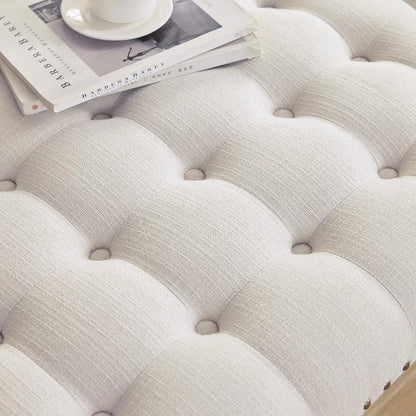 Tufted Upholstered Linen Ottoman with Storage Shelf