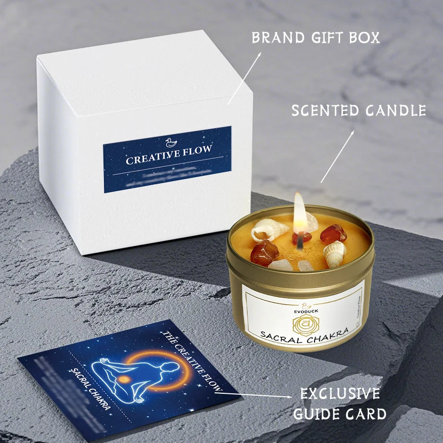 Sacral Chakra Sweet Orange Candle with gift box and guide card for creativity and joy.
