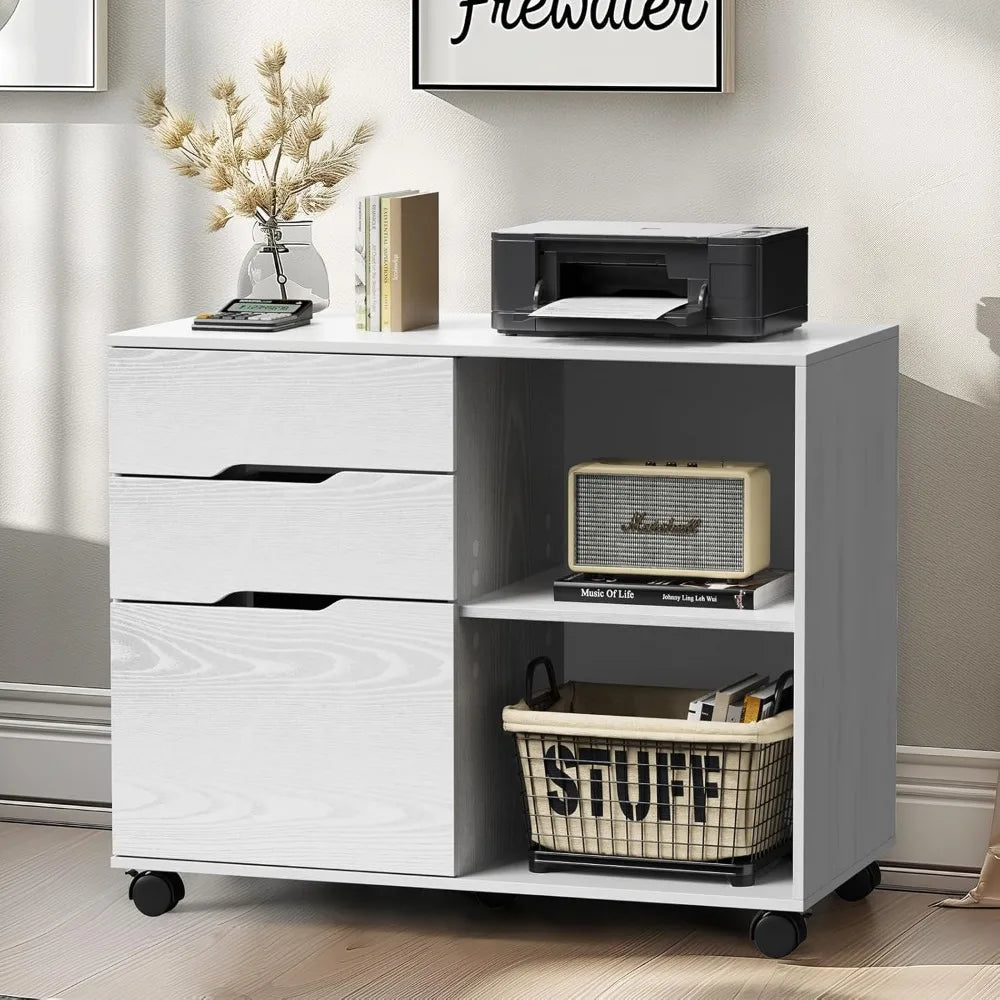 3-Drawer Rolling File Cabinet with Adjustable Shelf, Under Desk Storage and Wheels for Office Home Small Space, White