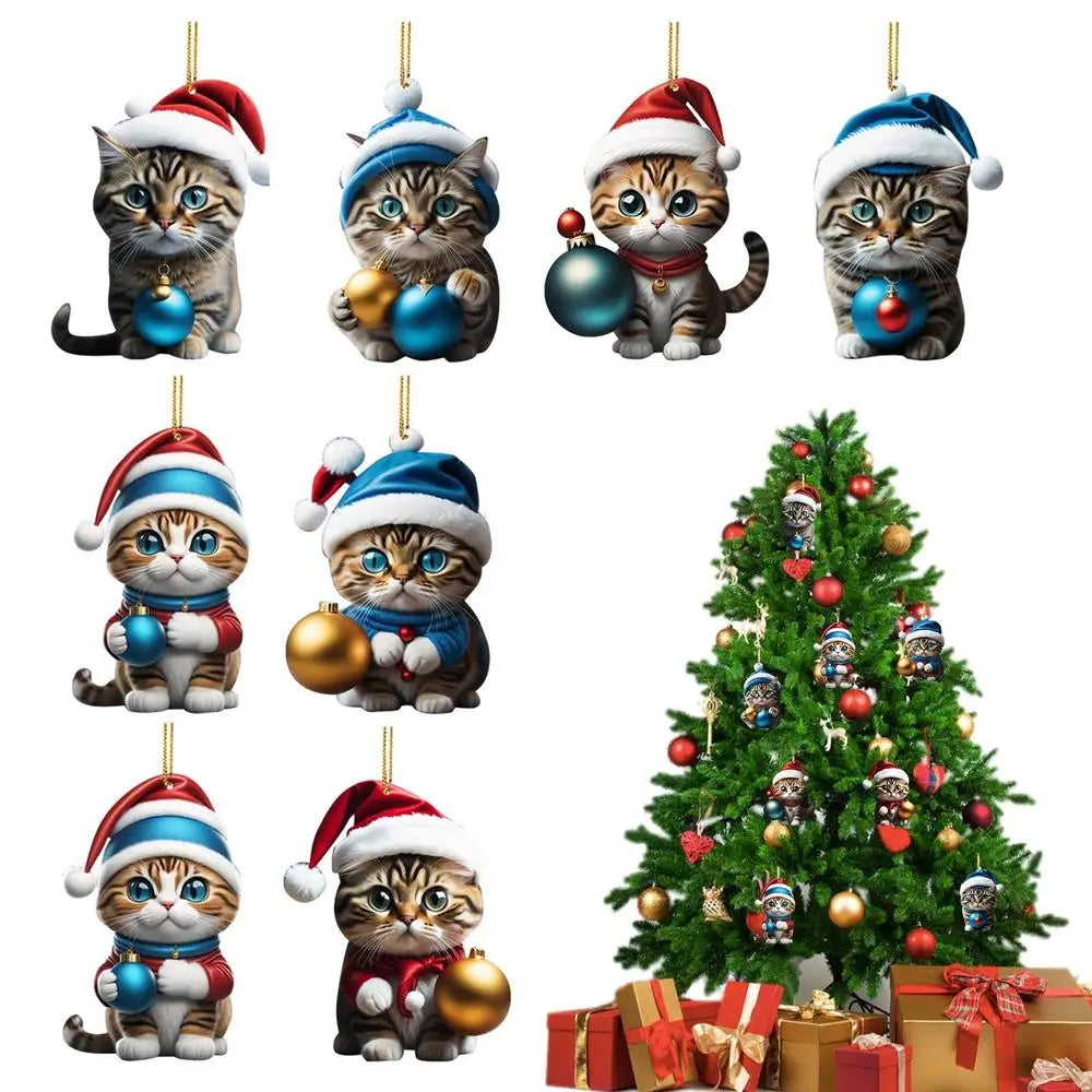 2D Funny Cat Hanging Christmas Tree Ornament Animal Pendant Rearview Mirror Ornaments Car Gifts