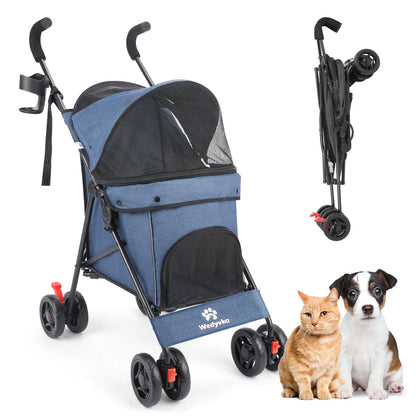 Pet stroller for dogs and cats with a stylish design, featuring a foldable structure and mesh windows for ventilation.