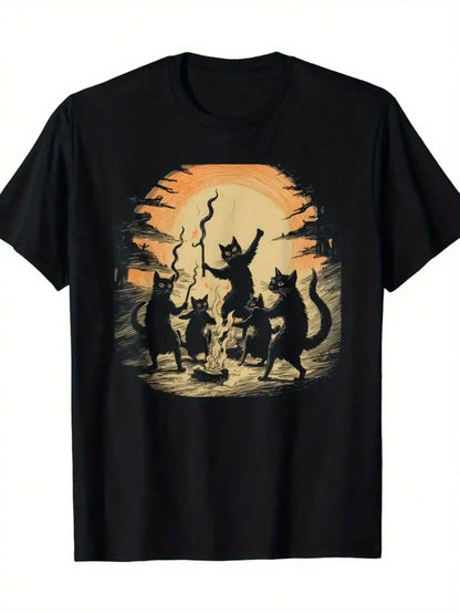 Men's Halloween Black Cat Witchcraft Pattern T shirt