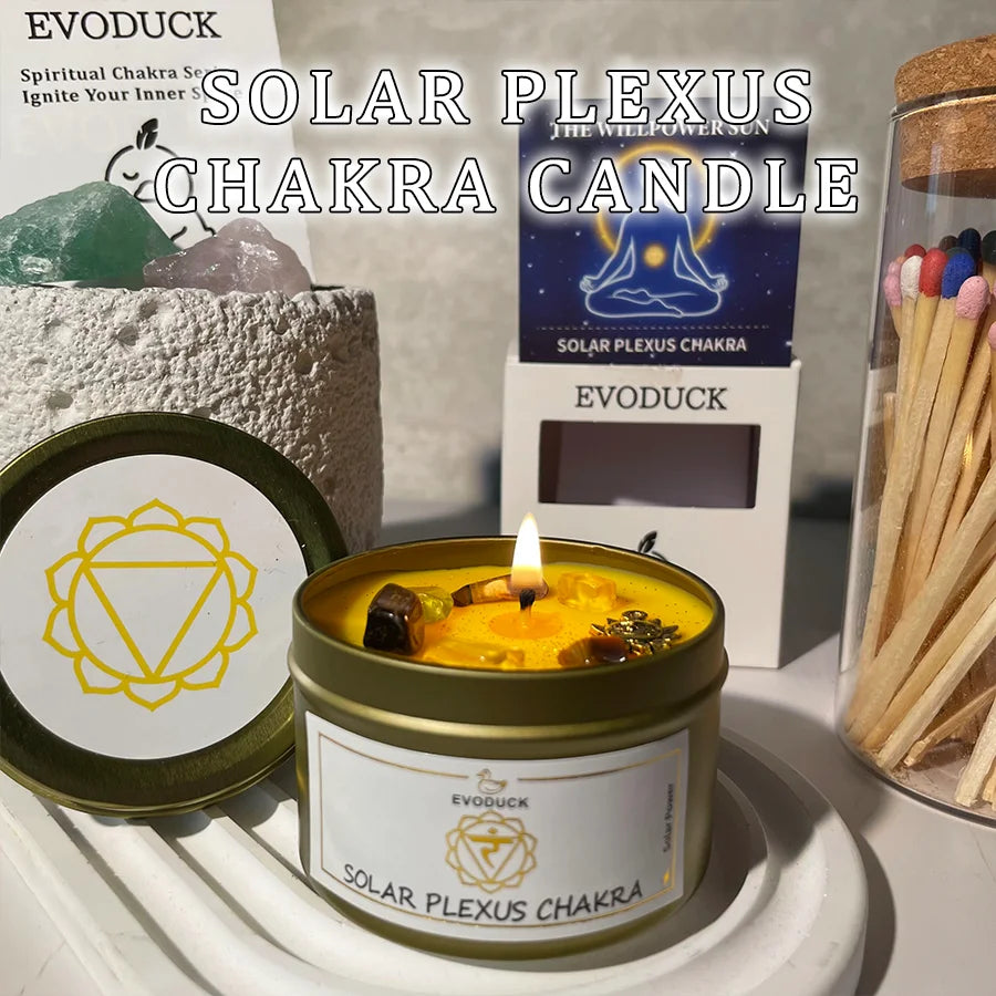 Solar Plexus Chakra Candle by Evoduck showcasing spiritual benefits and creativity with yellow wax and gemstones.